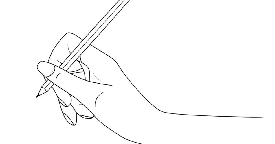 Konturowy rysunek dłoni trzymającej ołówek. Białe tło.